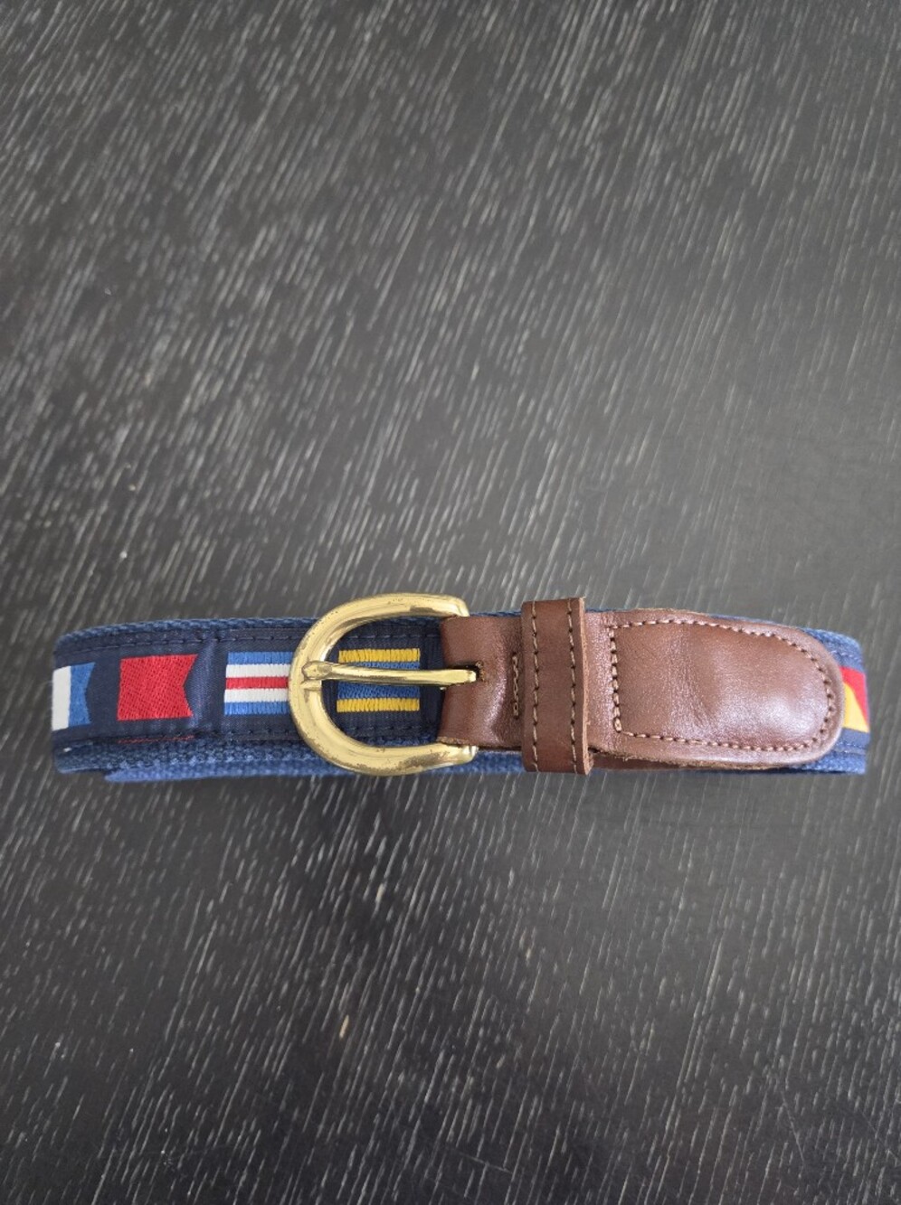 Men's Navy Woven Stripe Belt with Brown Leather Trim, Natical Flags And Brass